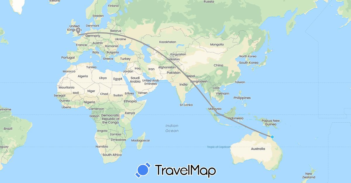 TravelMap itinerary: driving, plane, train, boat in Australia, United Kingdom, Singapore (Asia, Europe, Oceania)